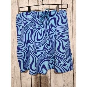 Mens Swim Trunks Medium Blue Swirl Lines Stretch Drawstring Pocket Elastic Waist